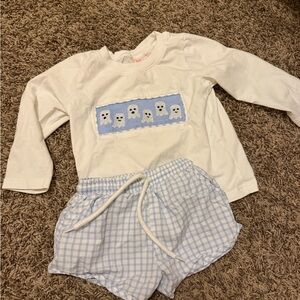 White Long Sleeve Shirt and Blue Gingham Shorts Set